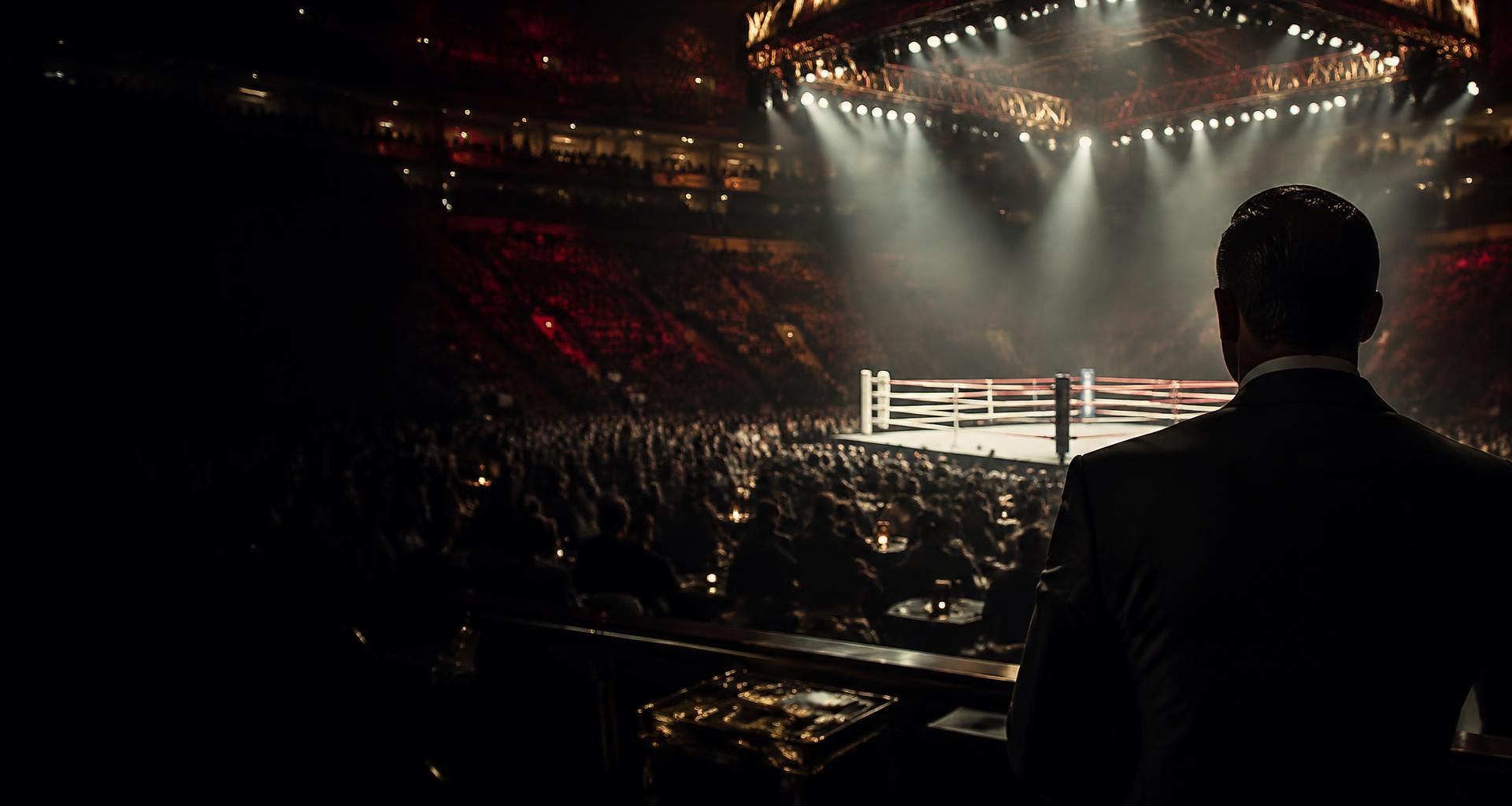A boxing promoter overlooking a floodlit arena